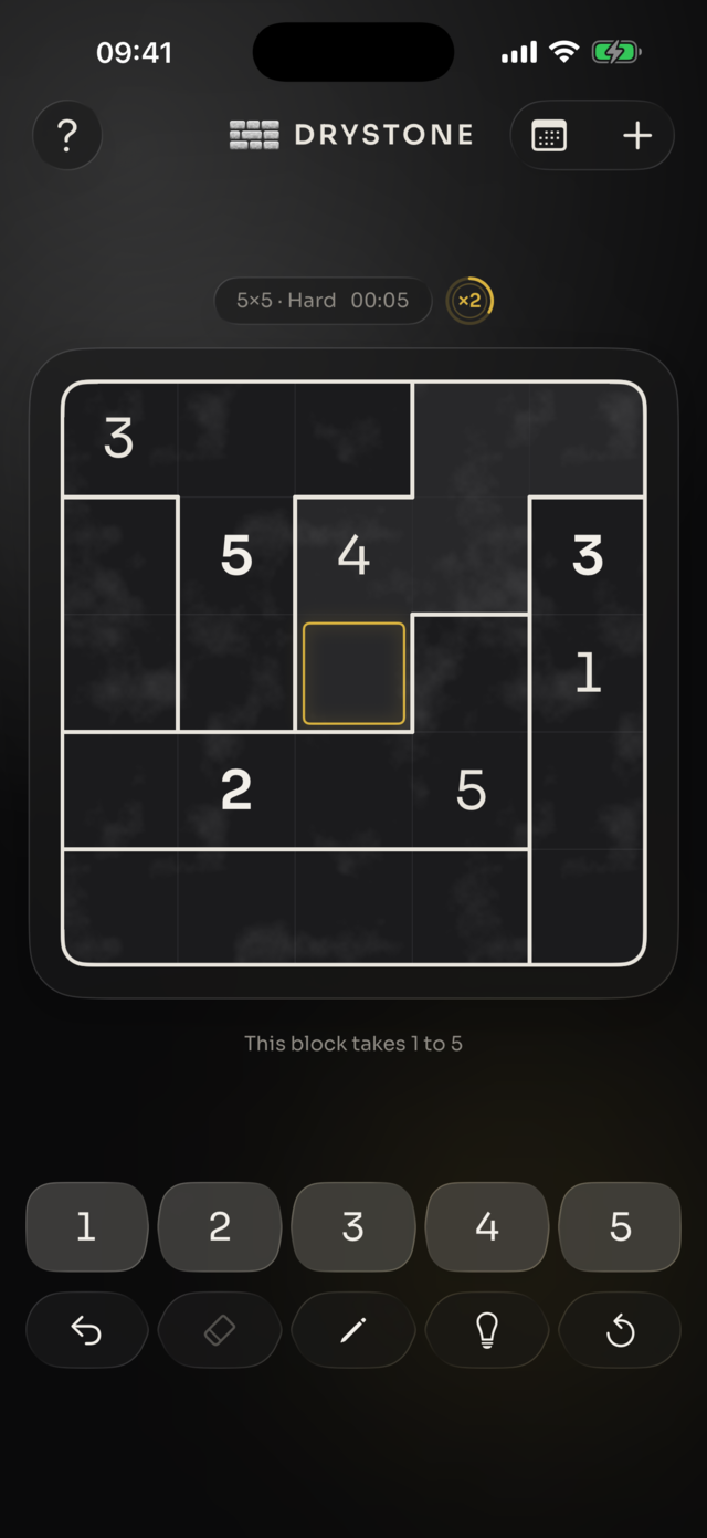 A five-by-five Drystone board, one square selected with a warm amber outline